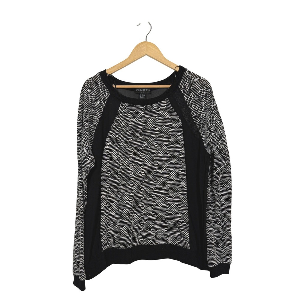 Forever 21 Contemporary Top Womens 2X Black White Mesh Sheer Back Geometric Knit